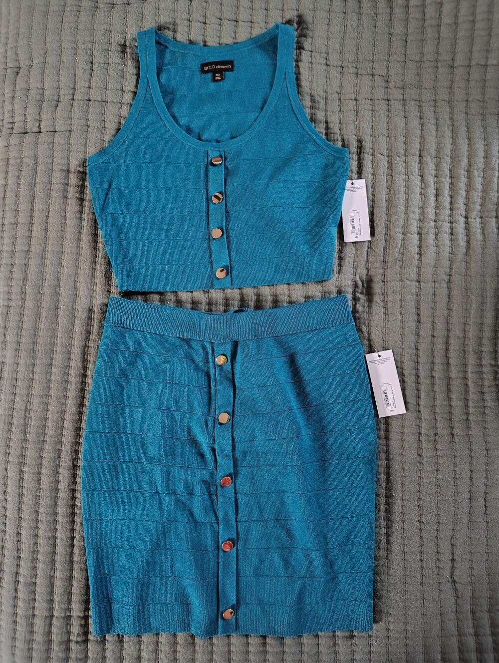 Teal Button-Front Knit Tank & Skirt Set (Size PM:Petite Medium top, PL: bottom)